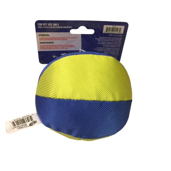 Nerf Dog Squeaker Crunch Canvas Striped 4 1/2" Ball Dog Toy Yellow Blue - Picture 2 of 3